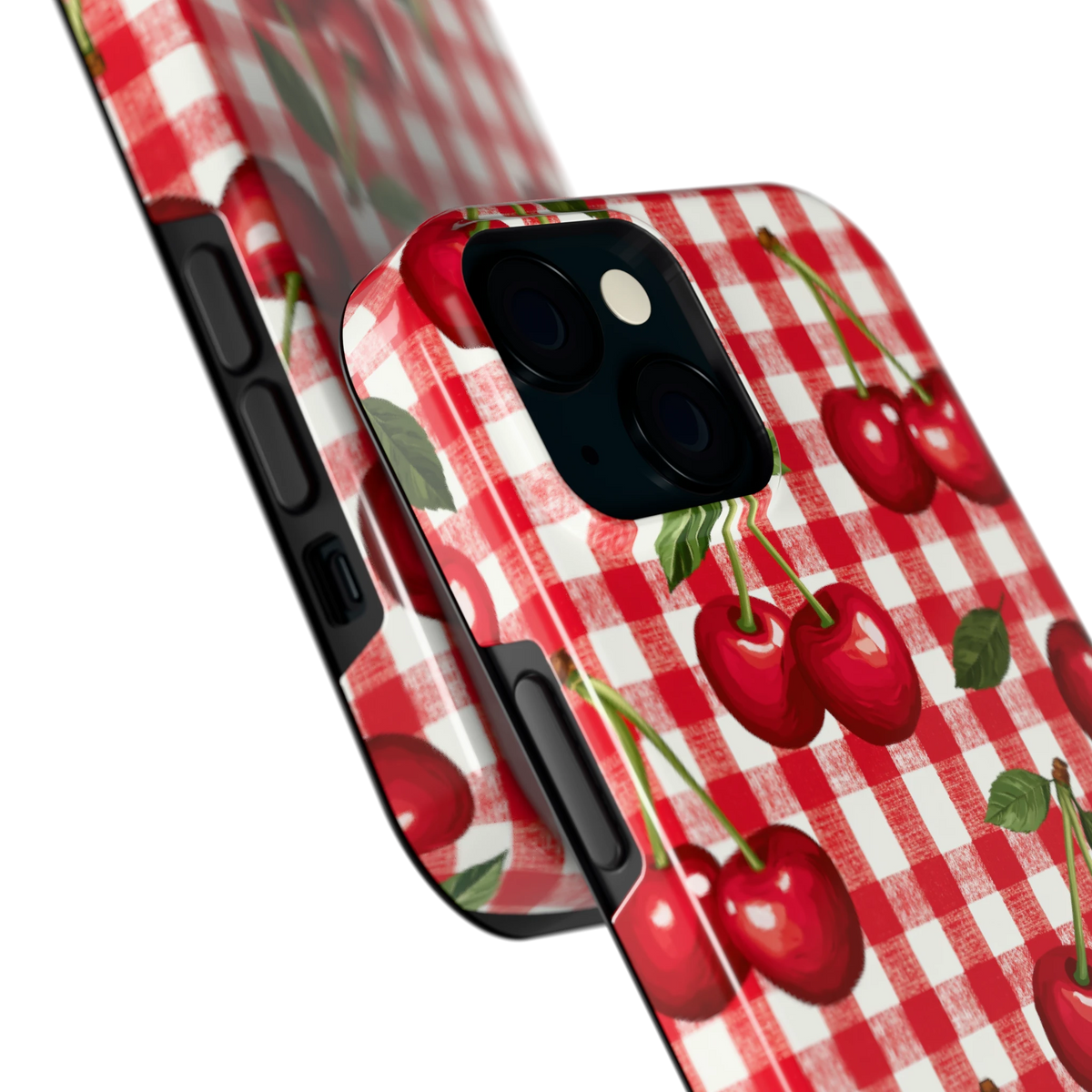 Kersen Gingham hoesje voor iPhone 15, close-up