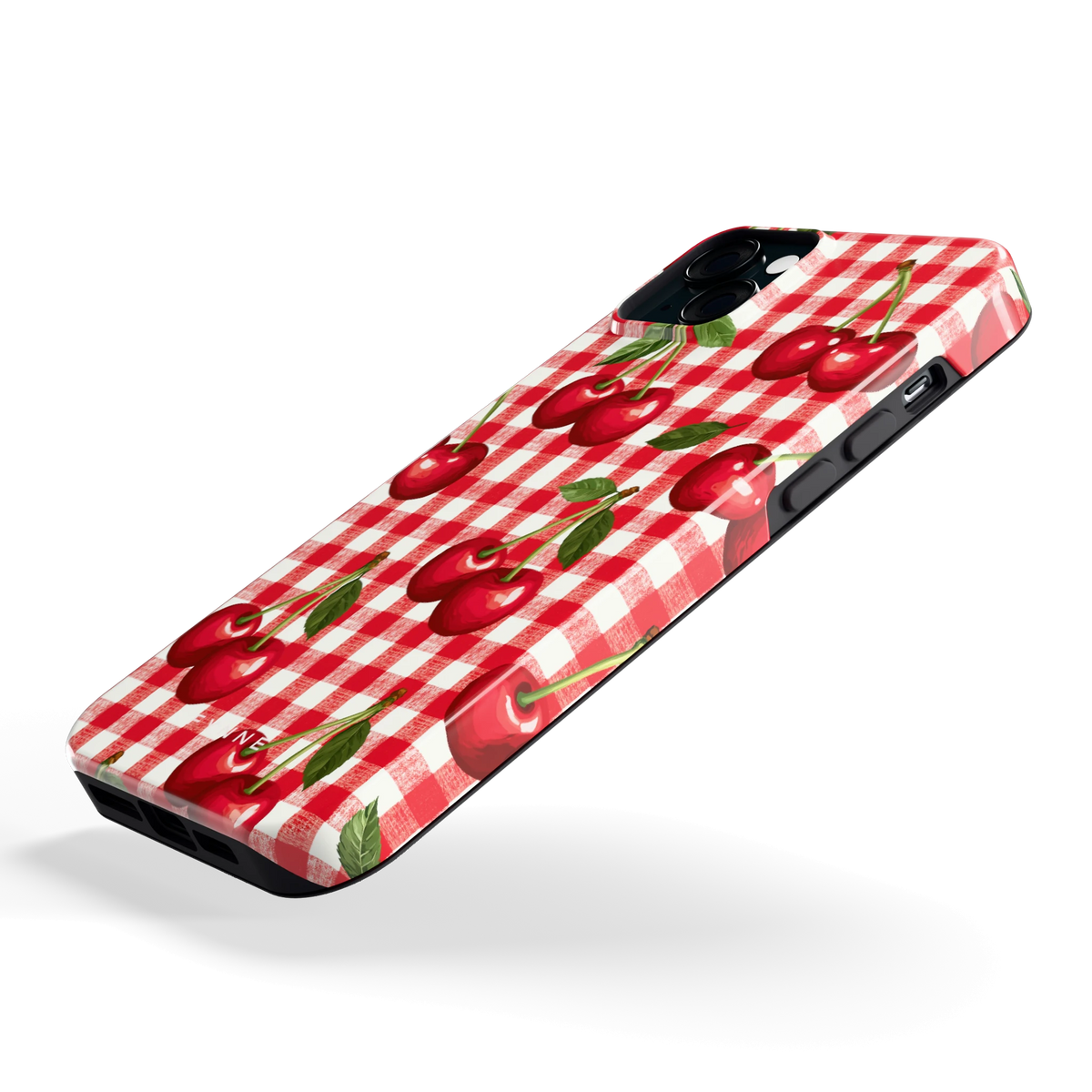 Kersen Gingham hoesje voor iPhone 15 Plus, schuin