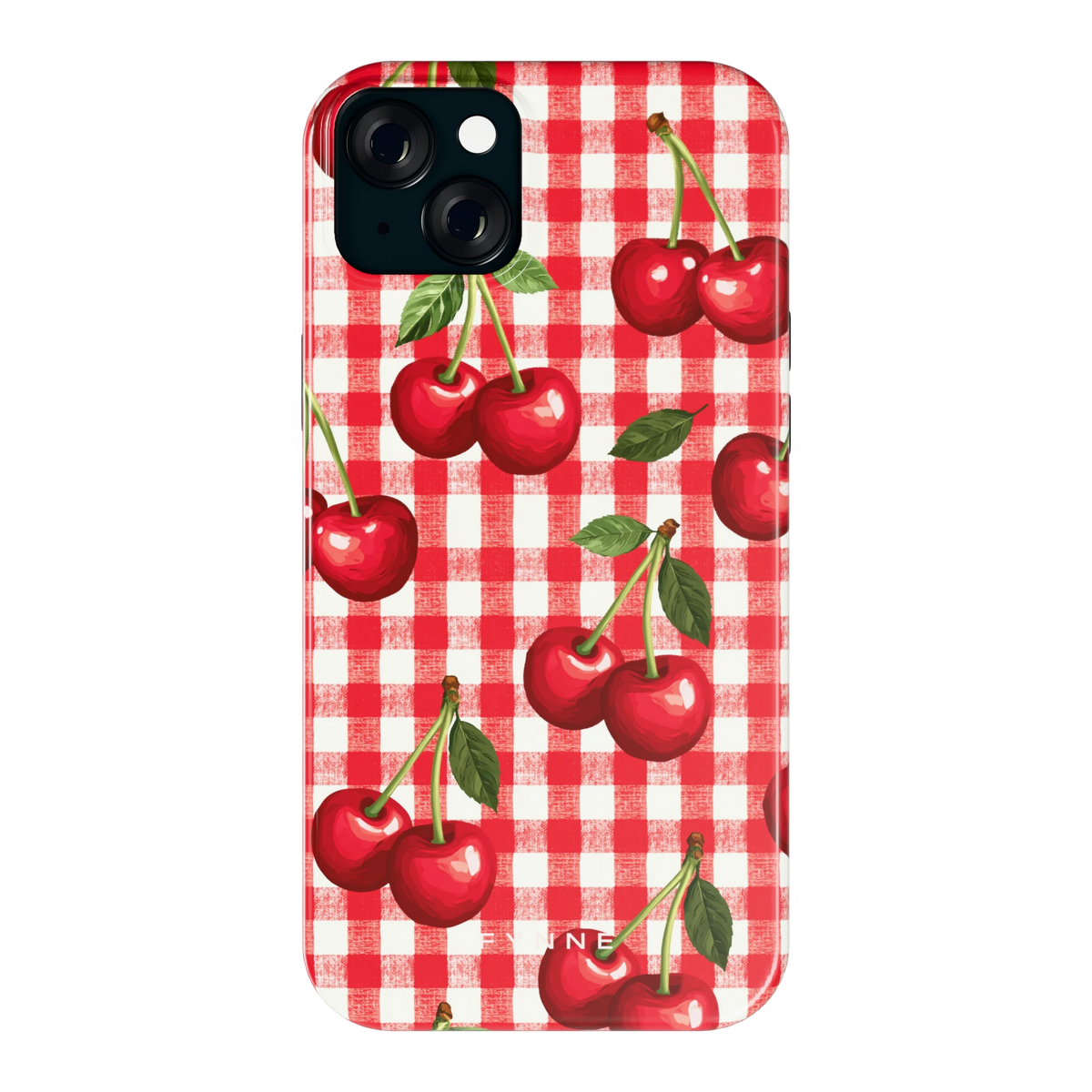 Kersen Gingham hoesje voor iPhone 15 Plus, achterkant