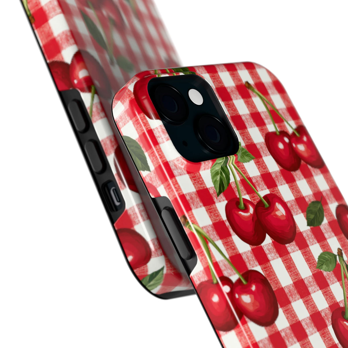 Kersen Gingham hoesje voor iPhone 15 Plus, close-up