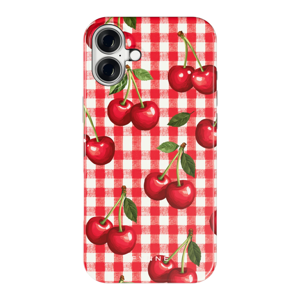Kersen Gingham hoesje voor iPhone 16 Plus, achterkant