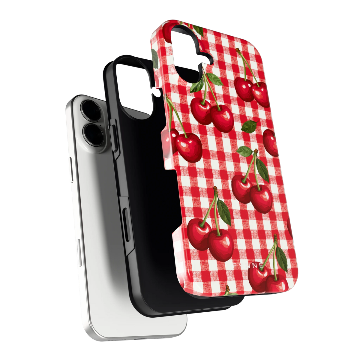 Kersen Gingham hoesje voor iPhone 16 Plus, los van de telefoon
