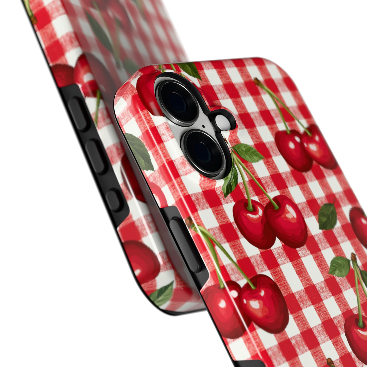 Kersen Gingham hoesje voor iPhone 16 Plus, close-up
