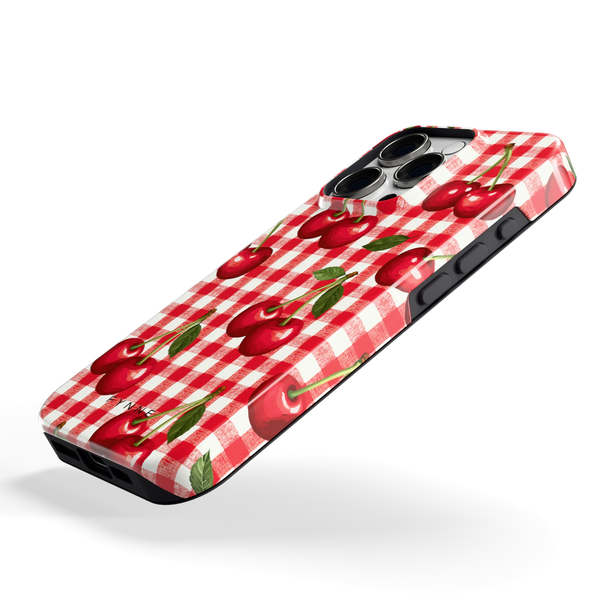 Kersen Gingham hoesje voor iPhone 16 Pro, schuin