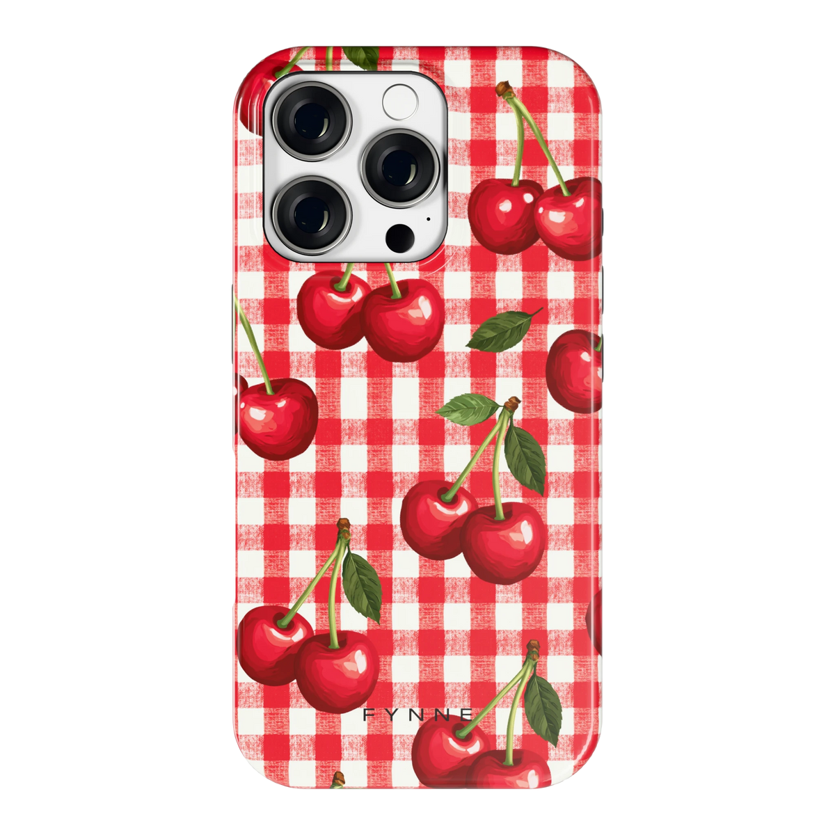 Kersen Gingham hoesje voor iPhone 16 Pro, achterkant