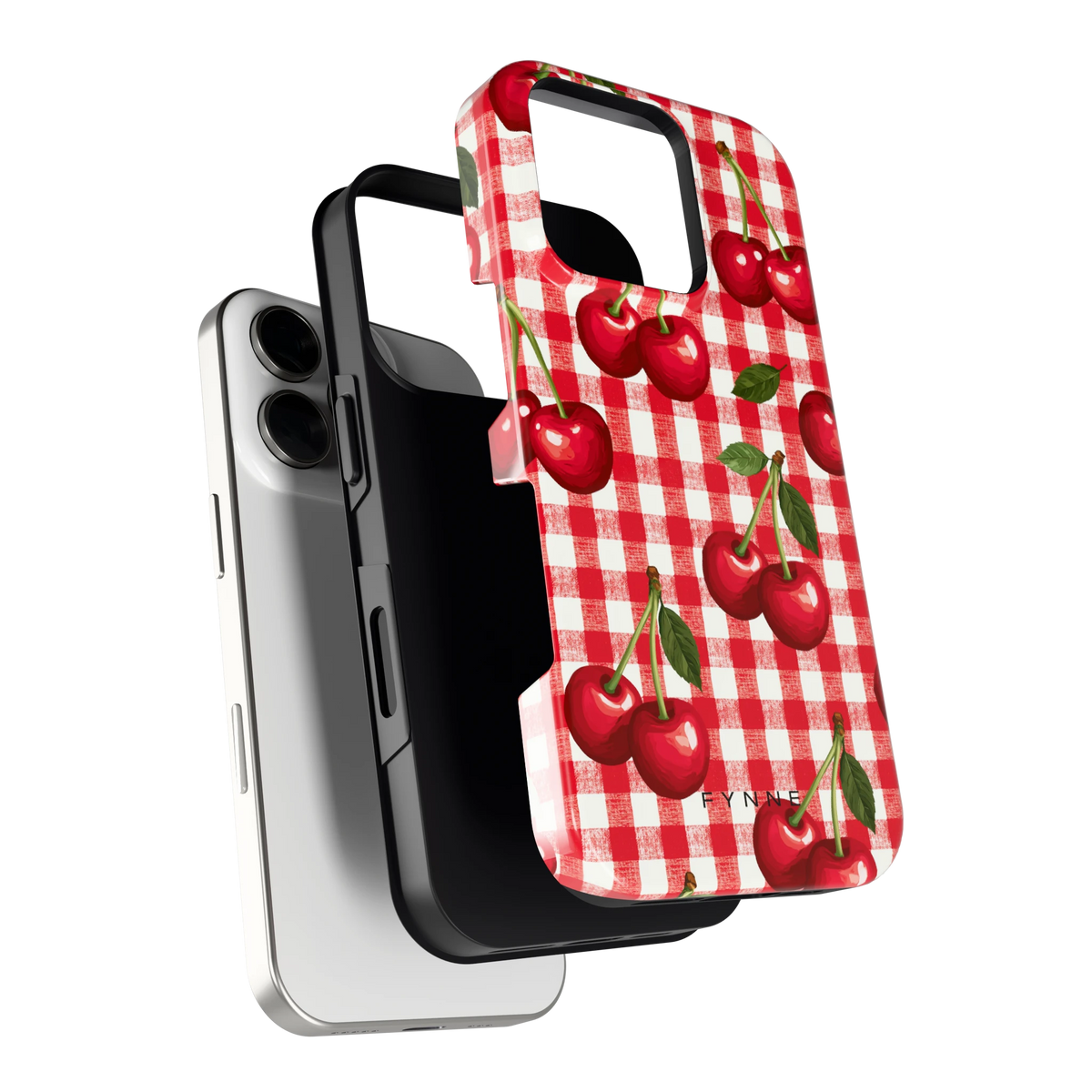 Kersen Gingham hoesje voor iPhone 16 Pro, los van de telefoon