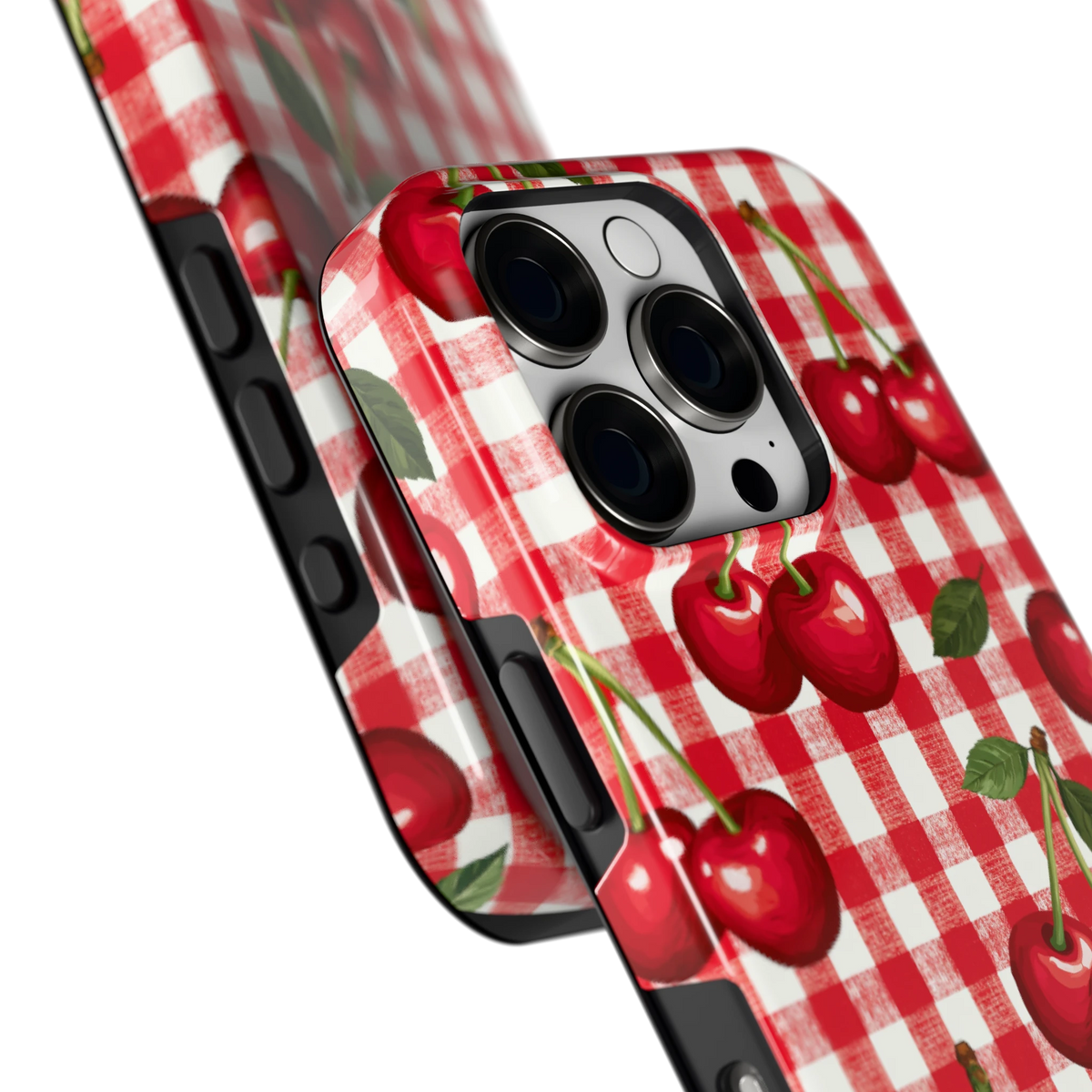 Kersen Gingham hoesje voor iPhone 16 Pro, close-up