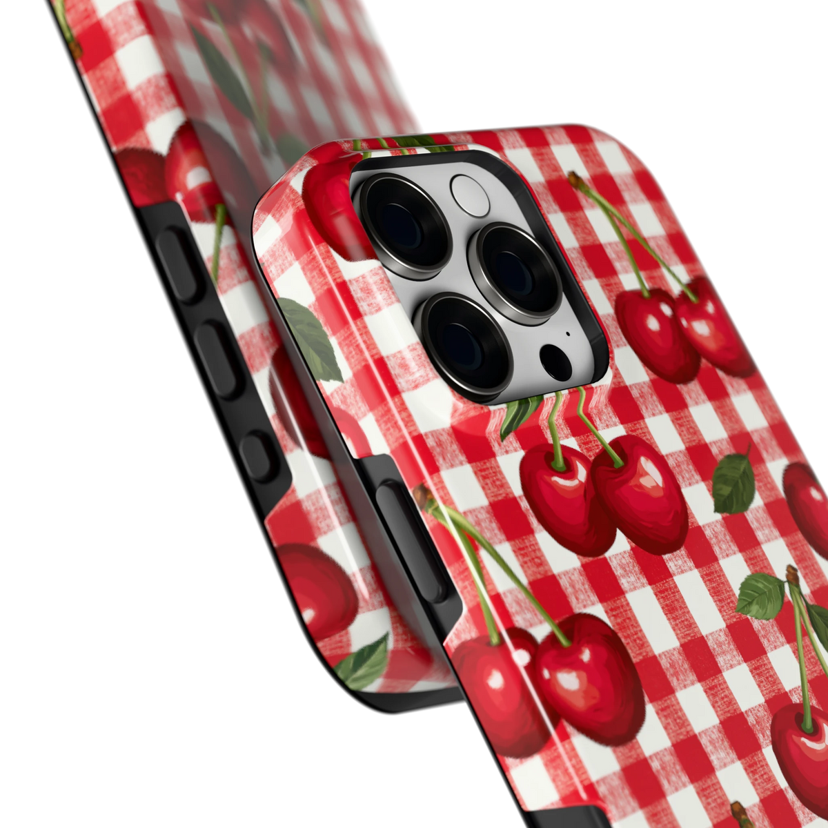 Kersen Gingham hoesje voor iPhone 16 Pro Max, close-up