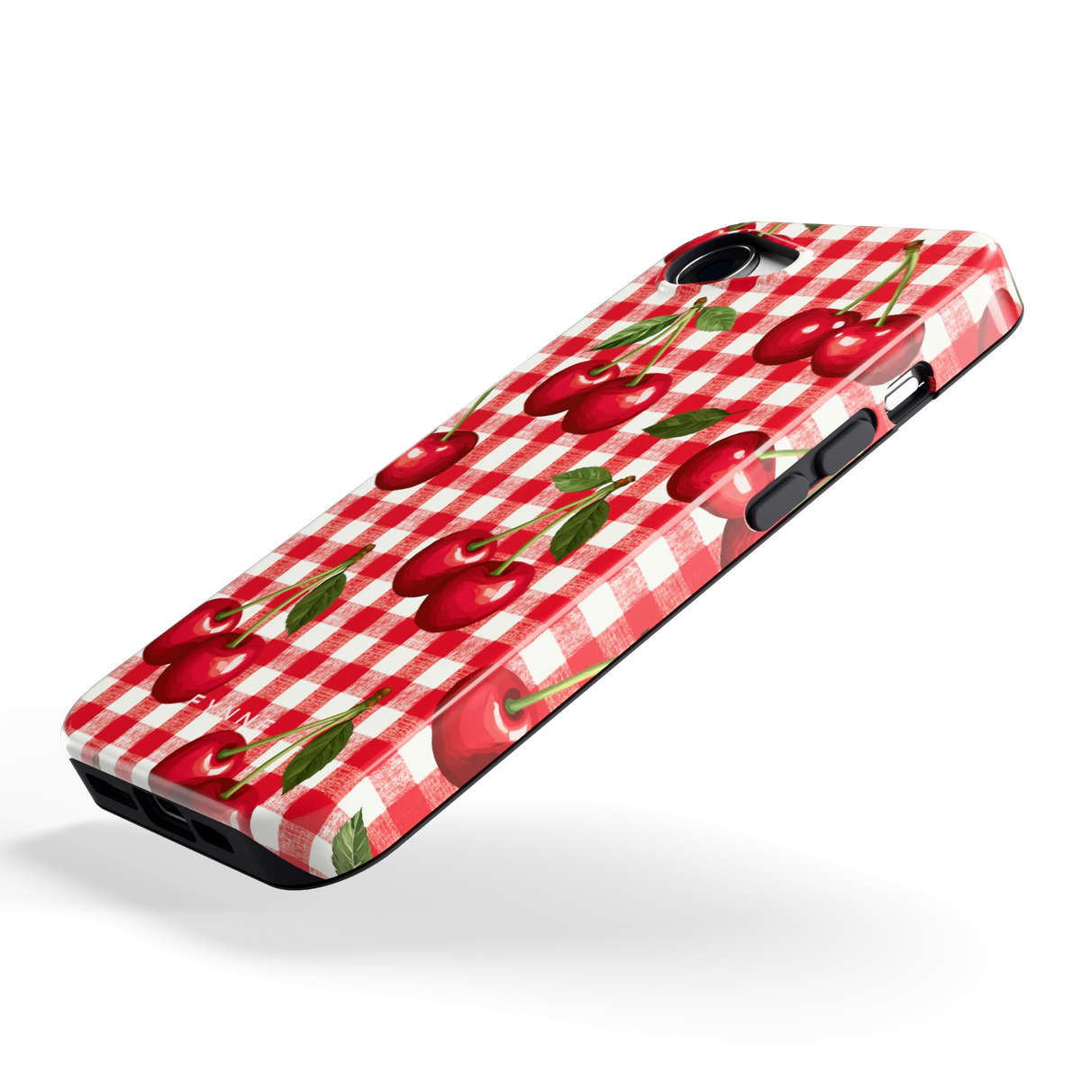 Kersen Gingham hoesje voor iPhone 16e, schuin