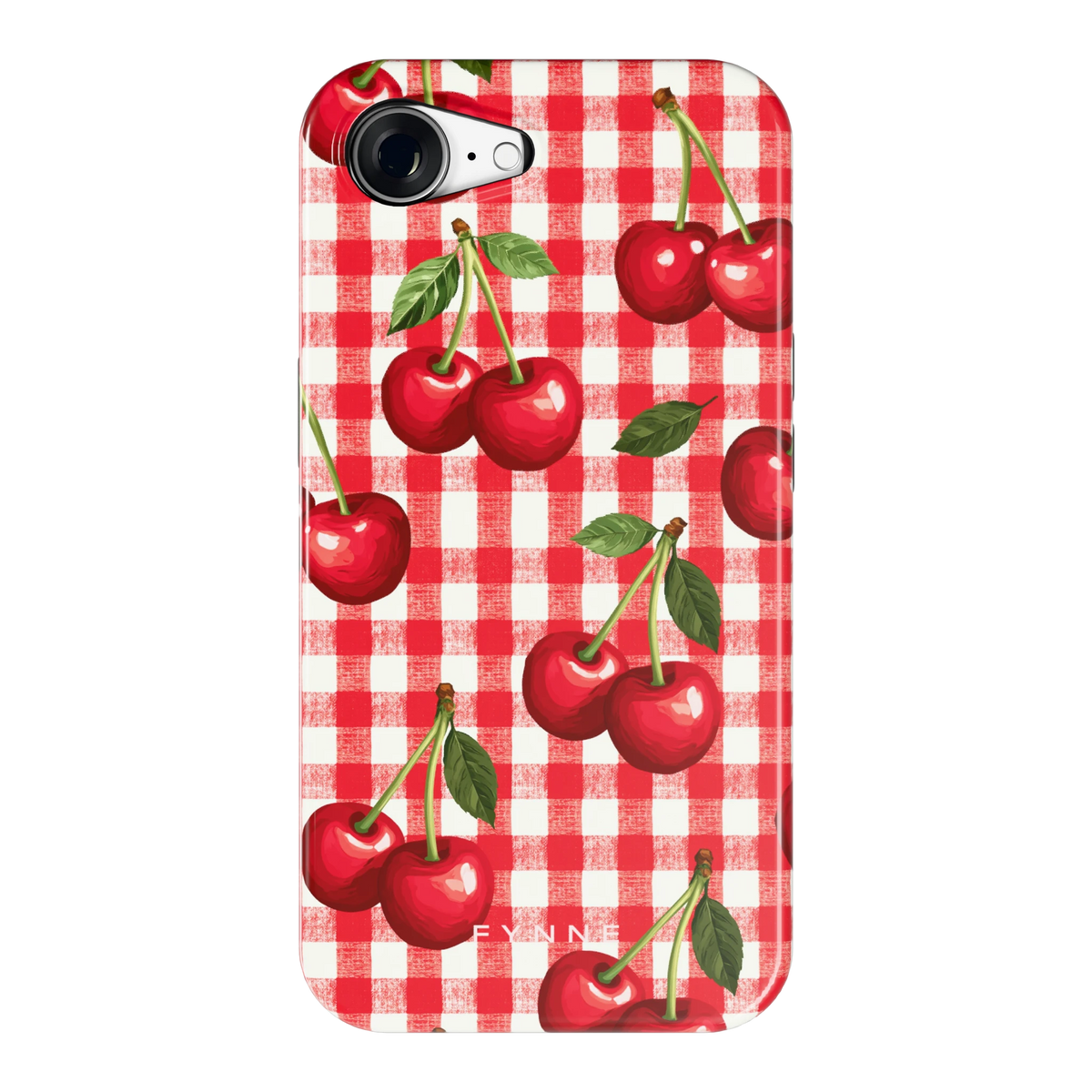 Kersen Gingham hoesje voor iPhone 16e, achterkant
