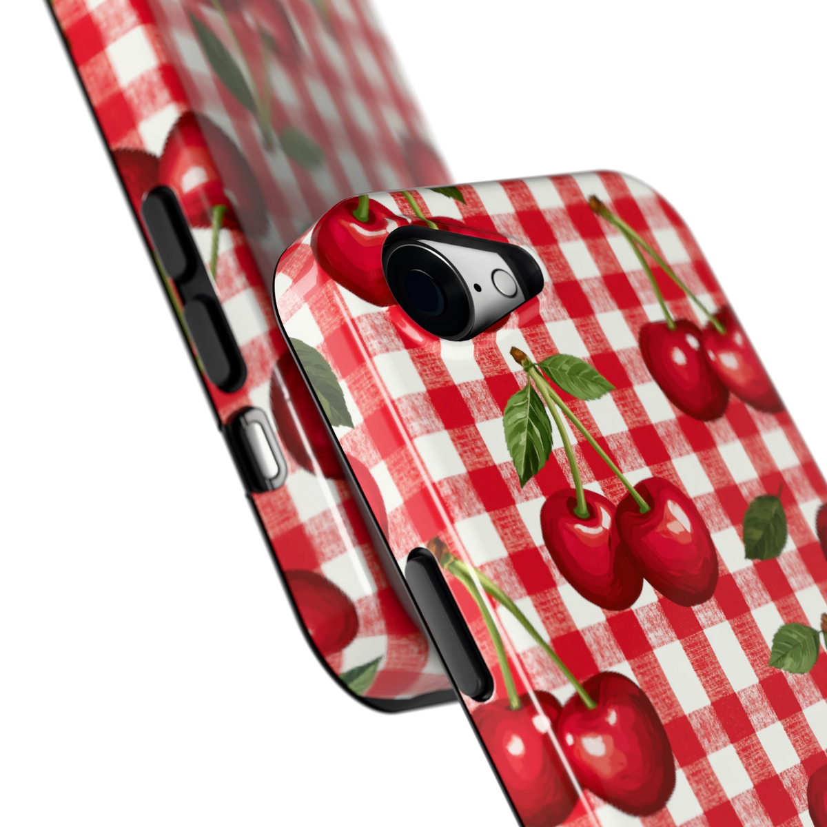 Kersen Gingham hoesje voor iPhone 16e, close-up