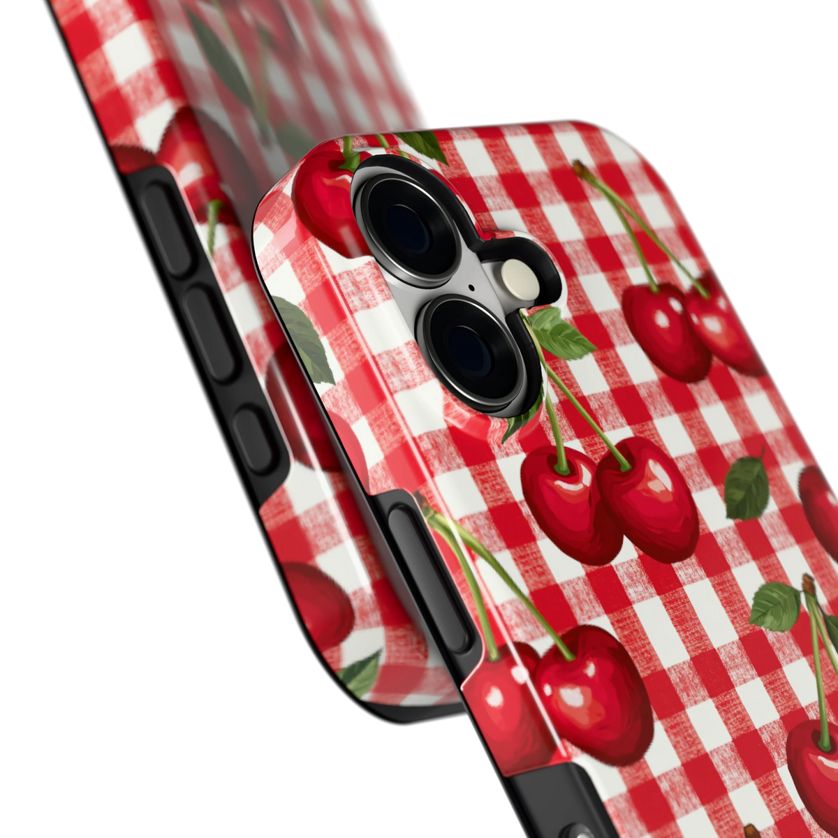 Kersen Gingham hoesje voor iPhone 17, close-up