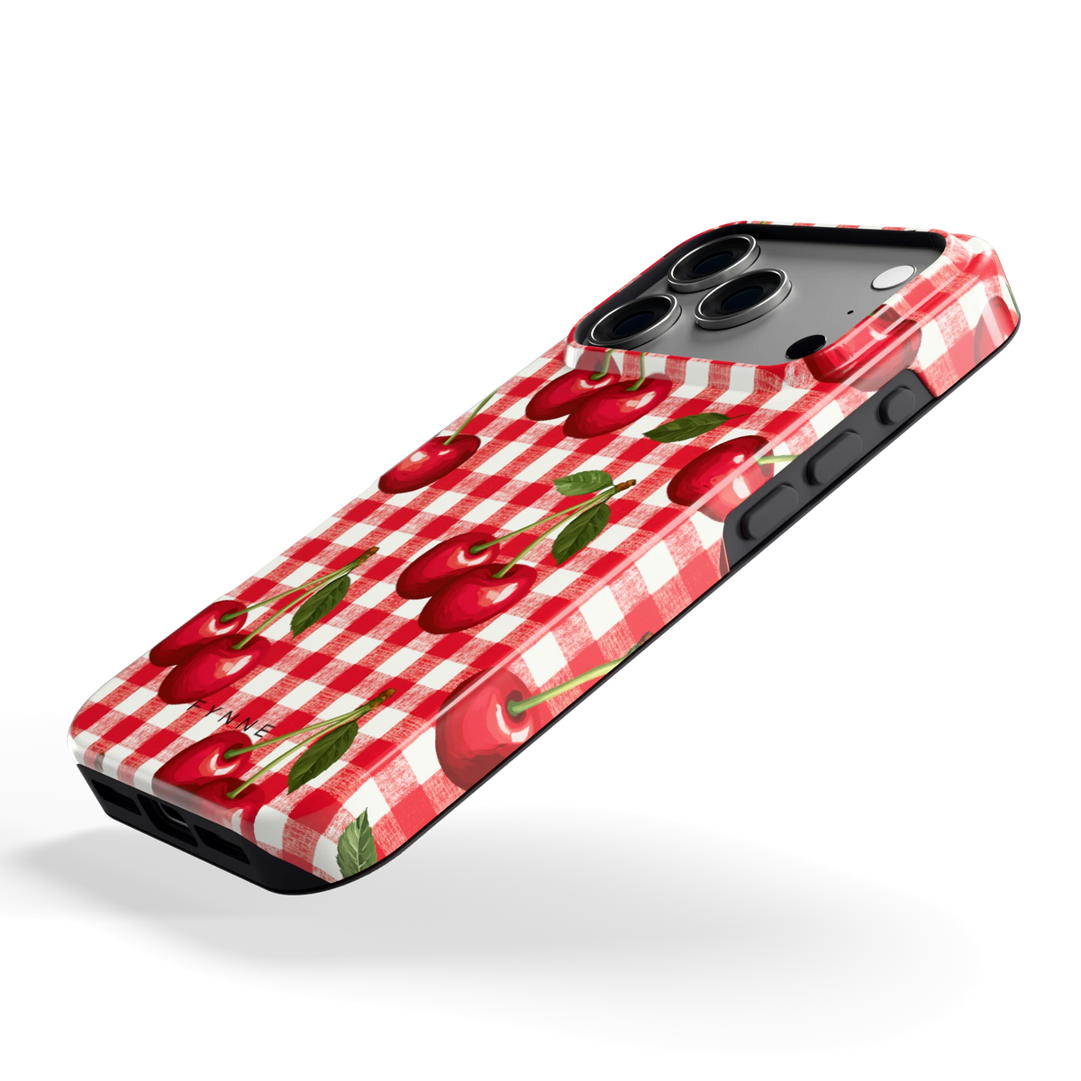 Kersen Gingham hoesje voor iPhone 17 Pro, schuin