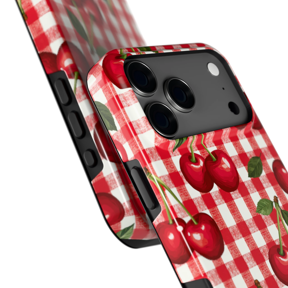 Kersen Gingham hoesje voor iPhone 17 Pro Max, close-up