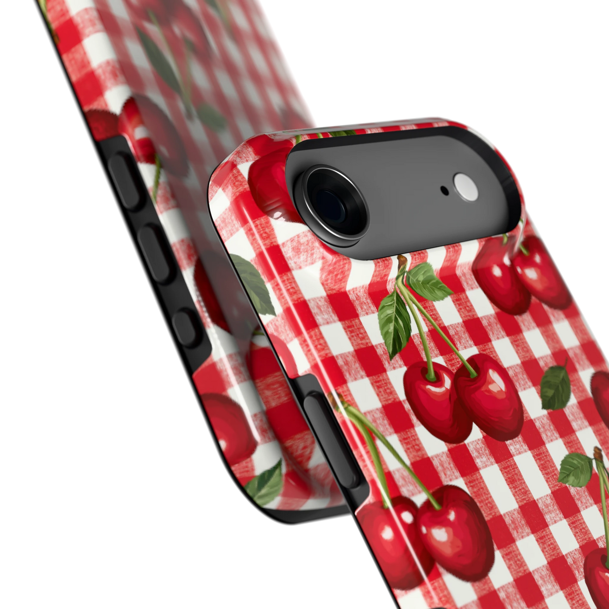 Kersen Gingham hoesje voor iPhone Air, close-up