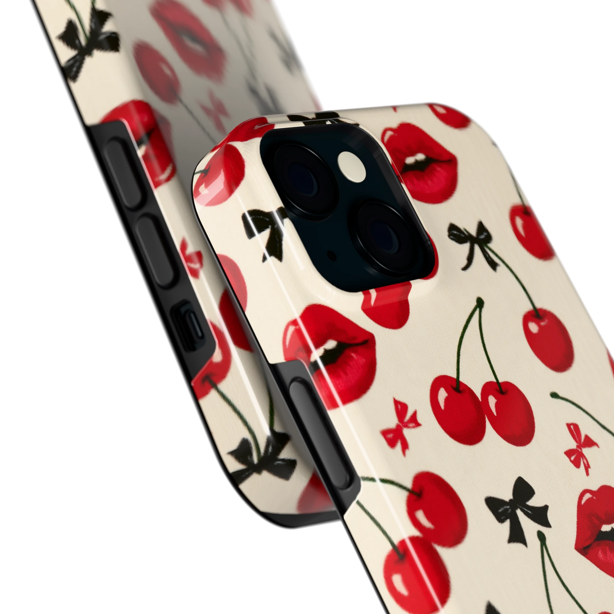 Kersenkus hoesje voor iPhone 15, close-up