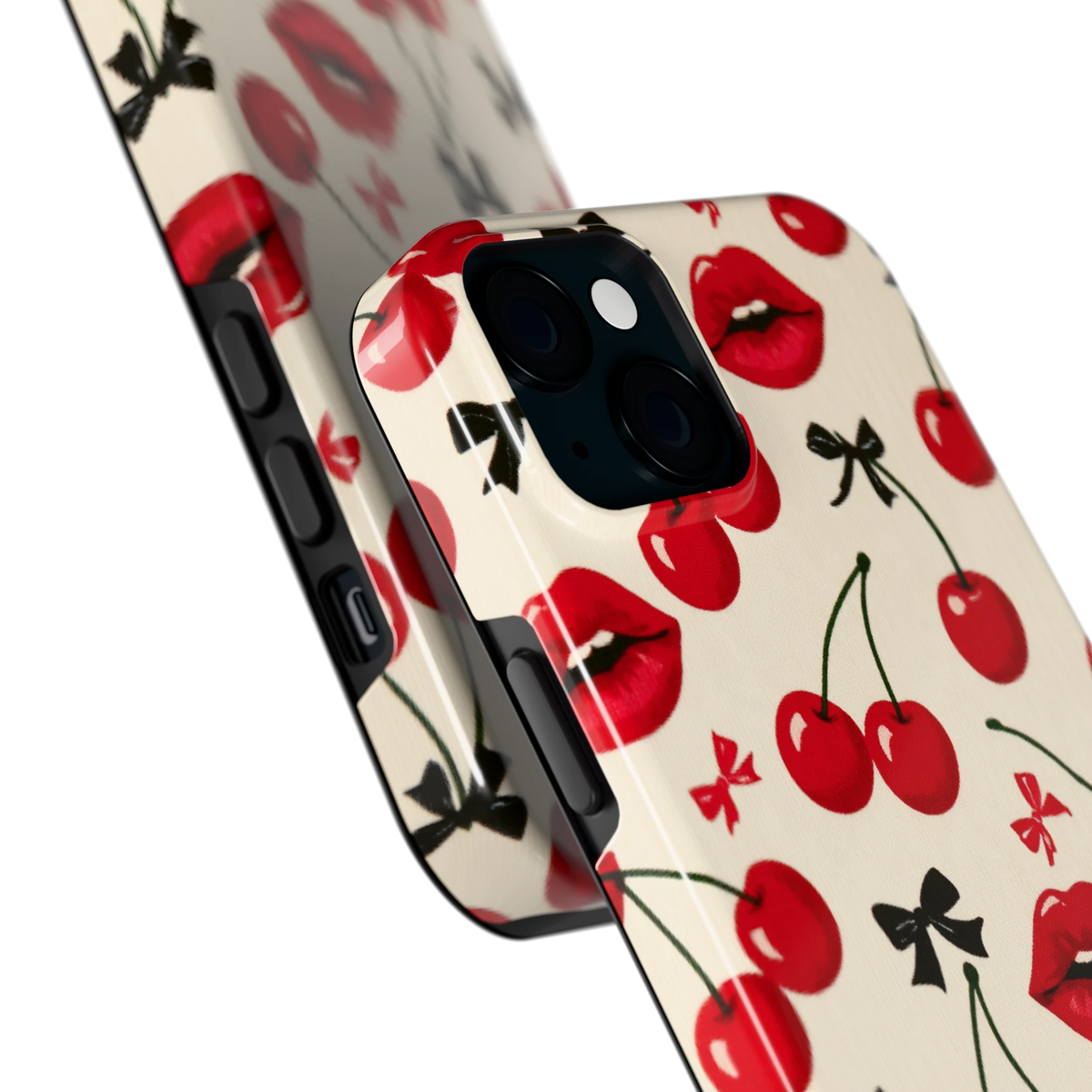 Kersenkus hoesje voor iPhone 15 Plus, close-up