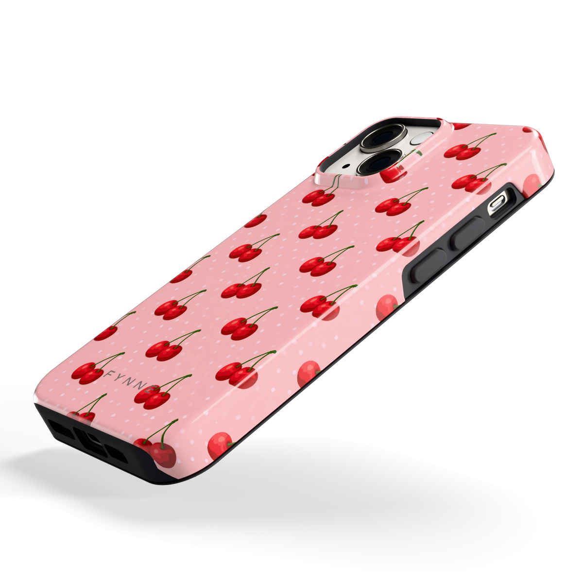 Kersen op Roze hoesje voor iPhone 13 mini, schuin