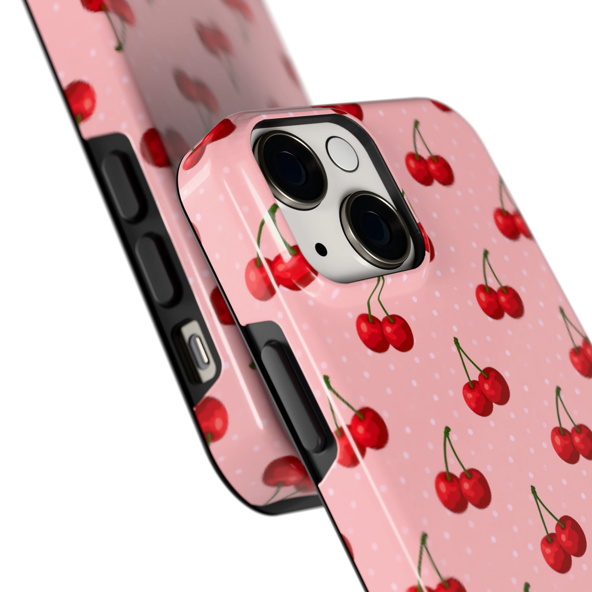 Kersen op Roze hoesje voor iPhone 13 mini, close-up