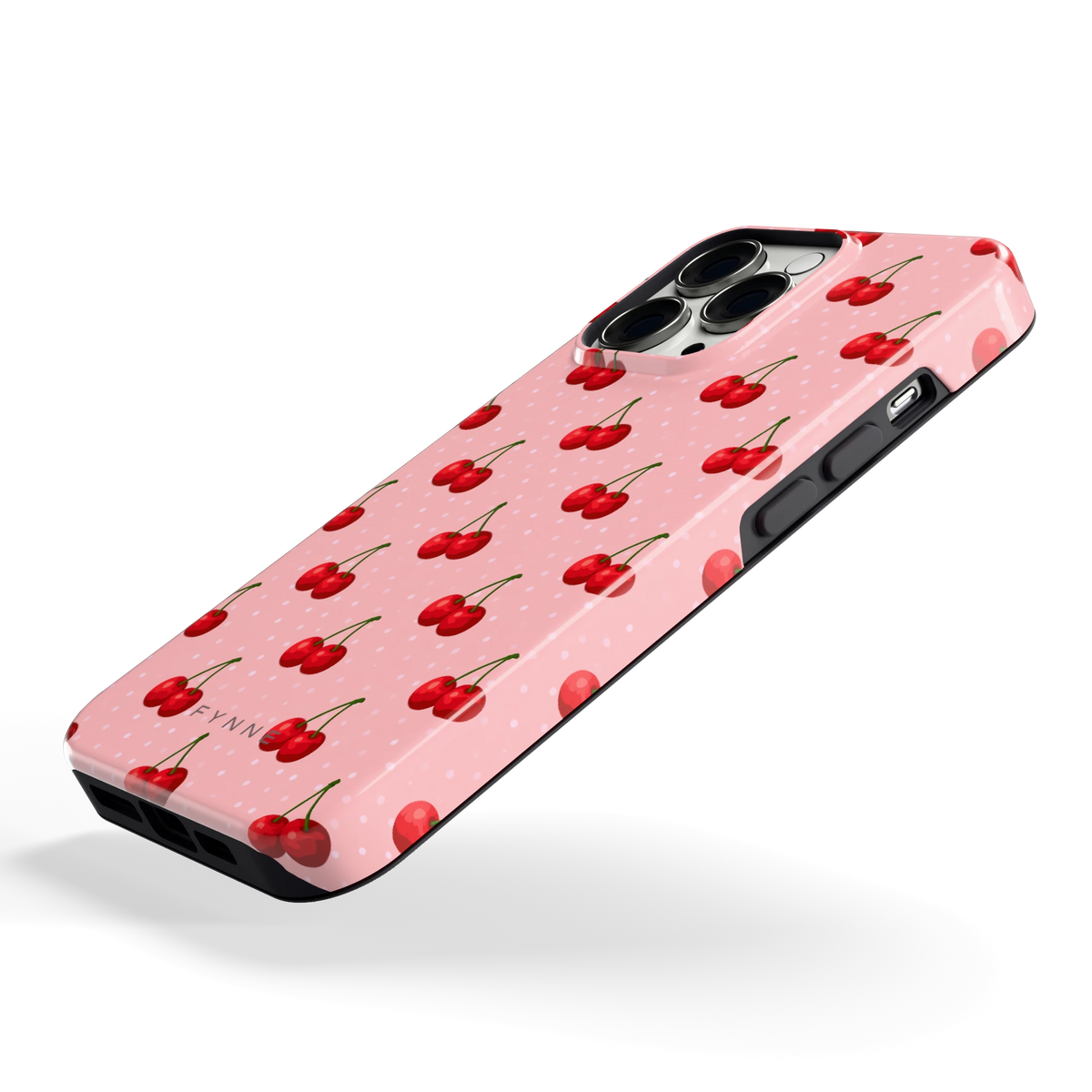Kersen op Roze hoesje voor iPhone 13 Pro, schuin