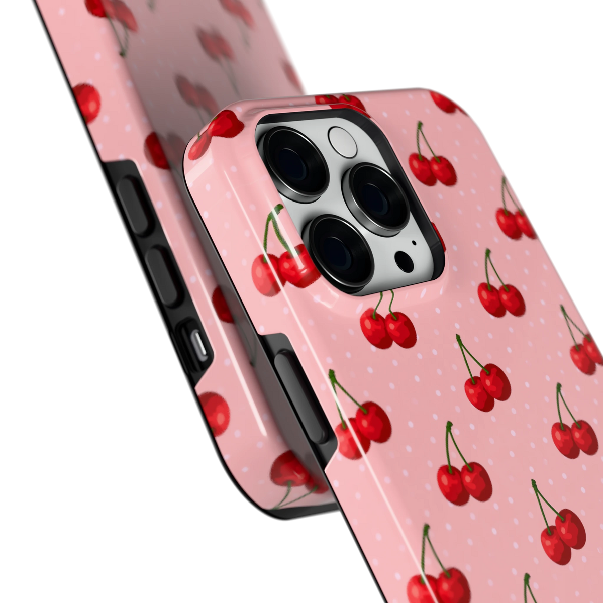 Kersen op Roze hoesje voor iPhone 14 Pro Max, close-up