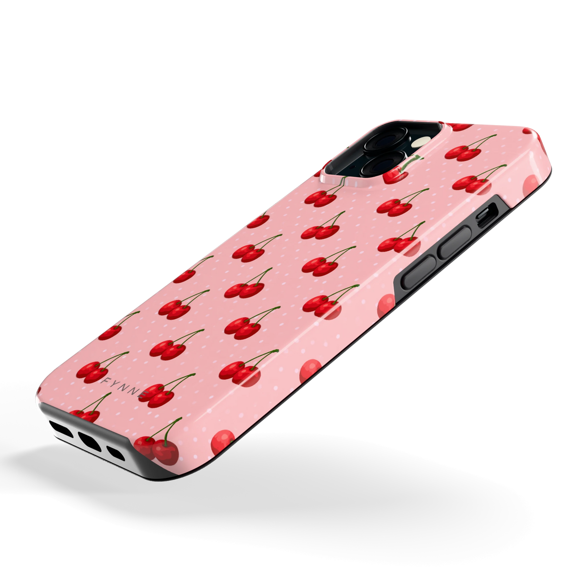 Kersen op Roze hoesje voor iPhone 15, schuin