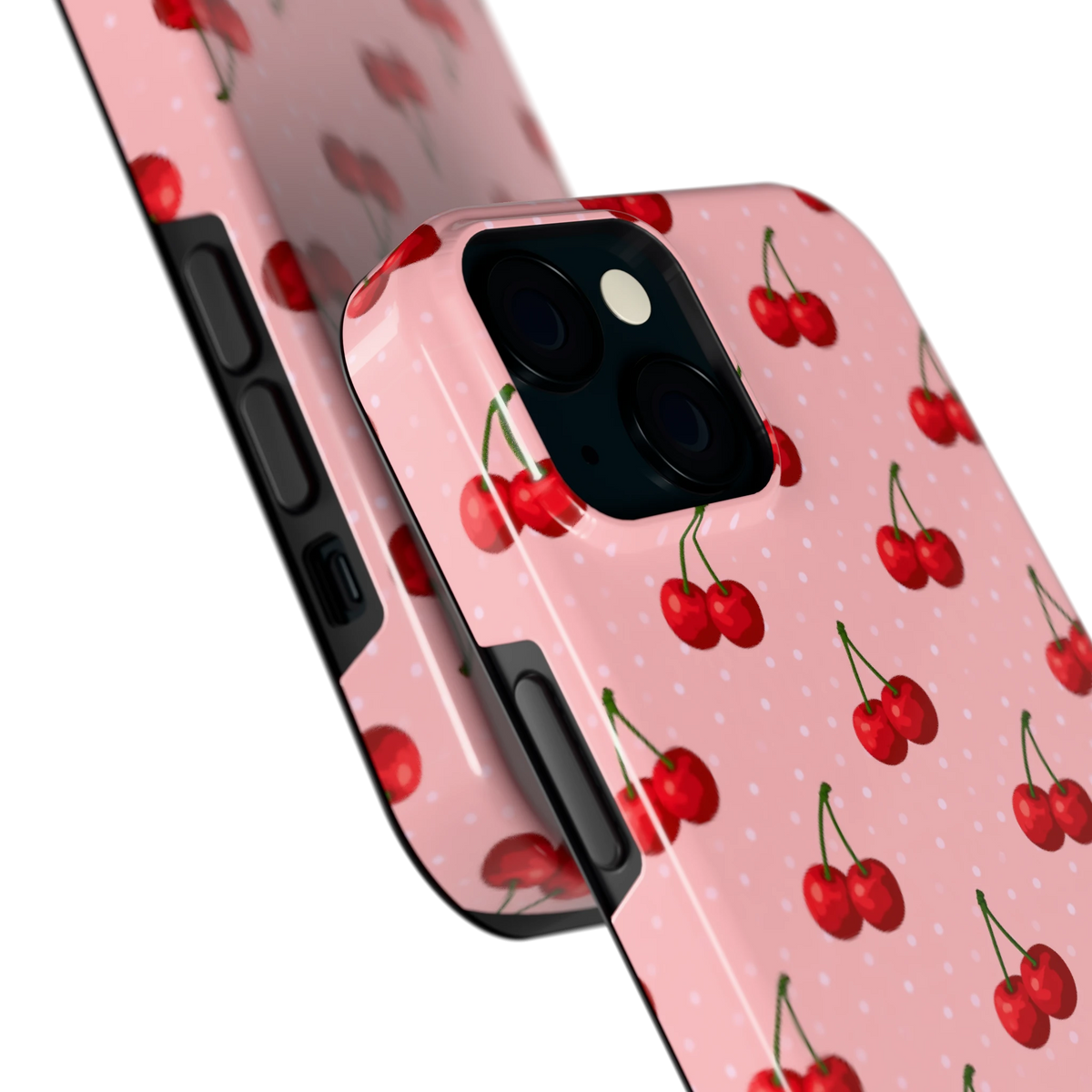 Kersen op Roze hoesje voor iPhone 15, close-up