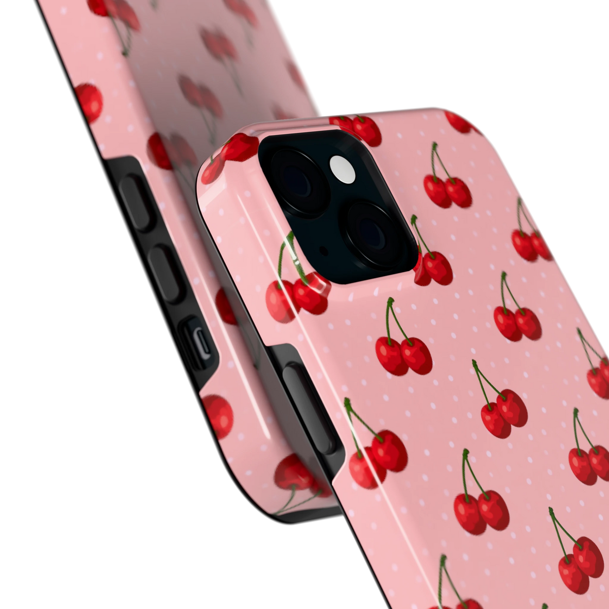 Kersen op Roze hoesje voor iPhone 15 Plus, close-up