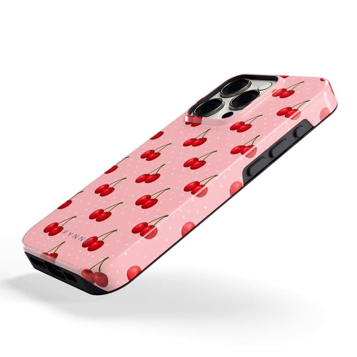 Kersen op Roze hoesje voor iPhone 15 Pro, schuin