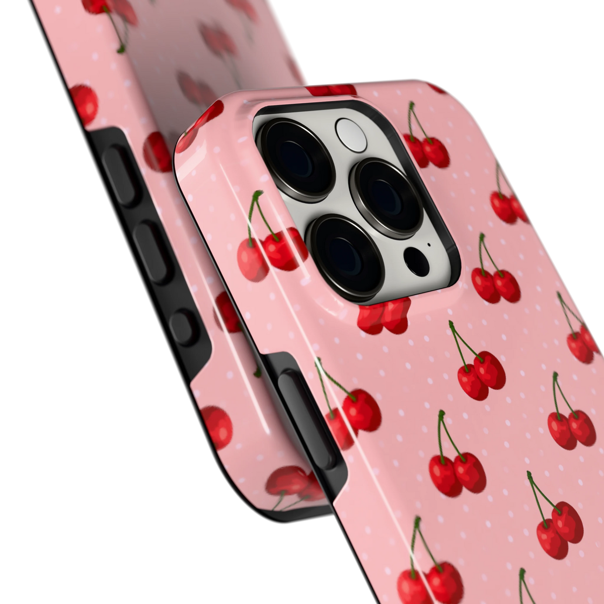 Kersen op Roze hoesje voor iPhone 15 Pro, close-up