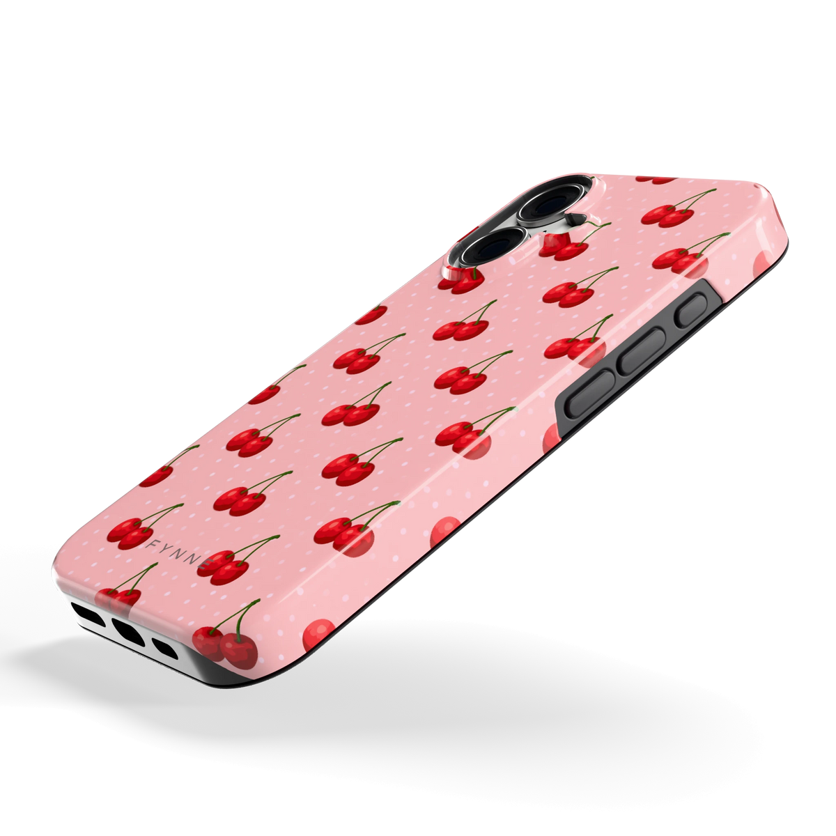 Kersen op Roze hoesje voor iPhone 16, schuin
