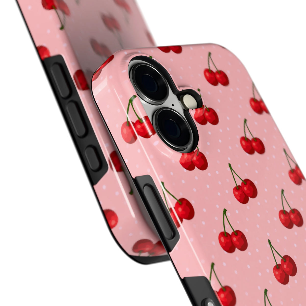Kersen op Roze hoesje voor iPhone 16, close-up