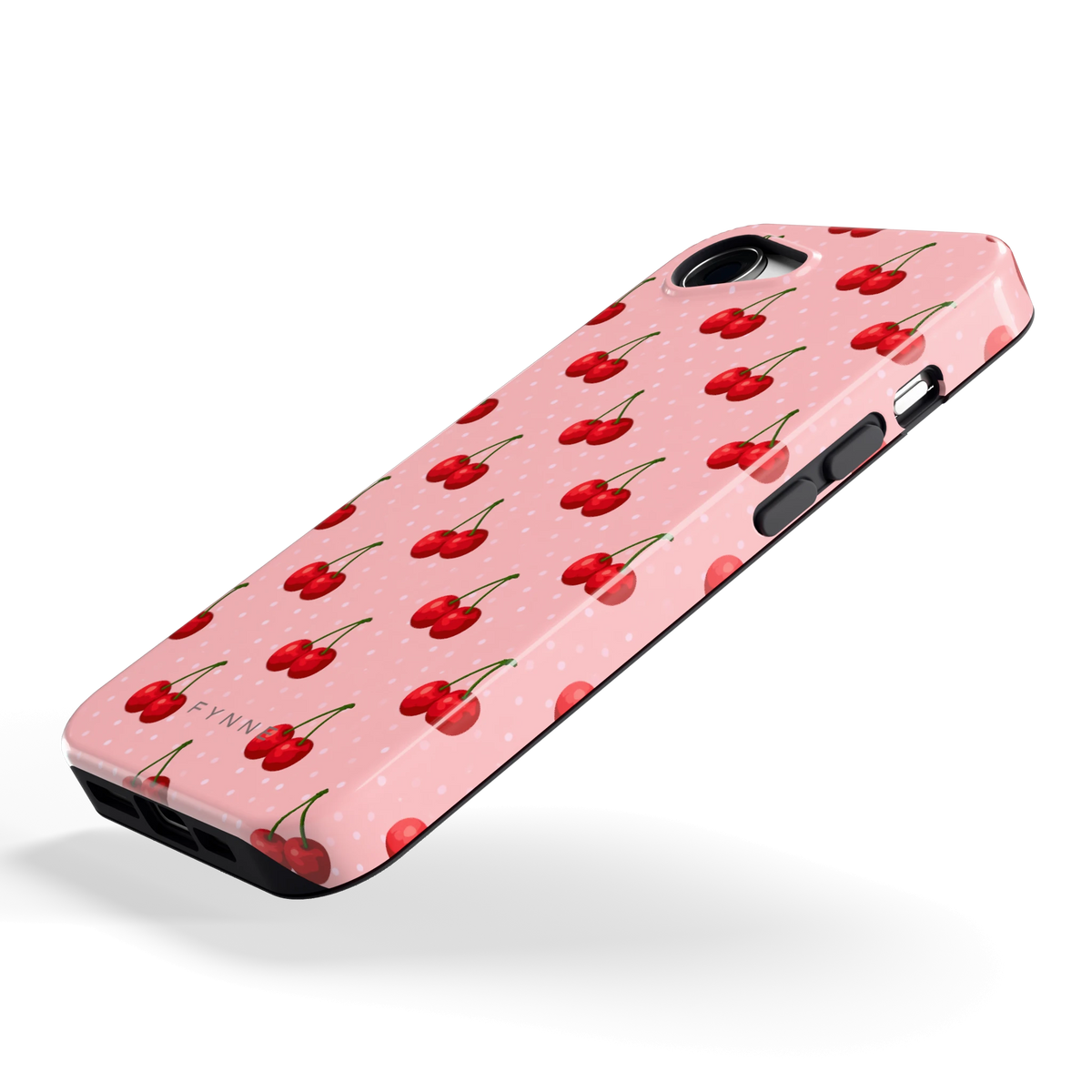 Kersen op Roze hoesje voor iPhone 16e, schuin