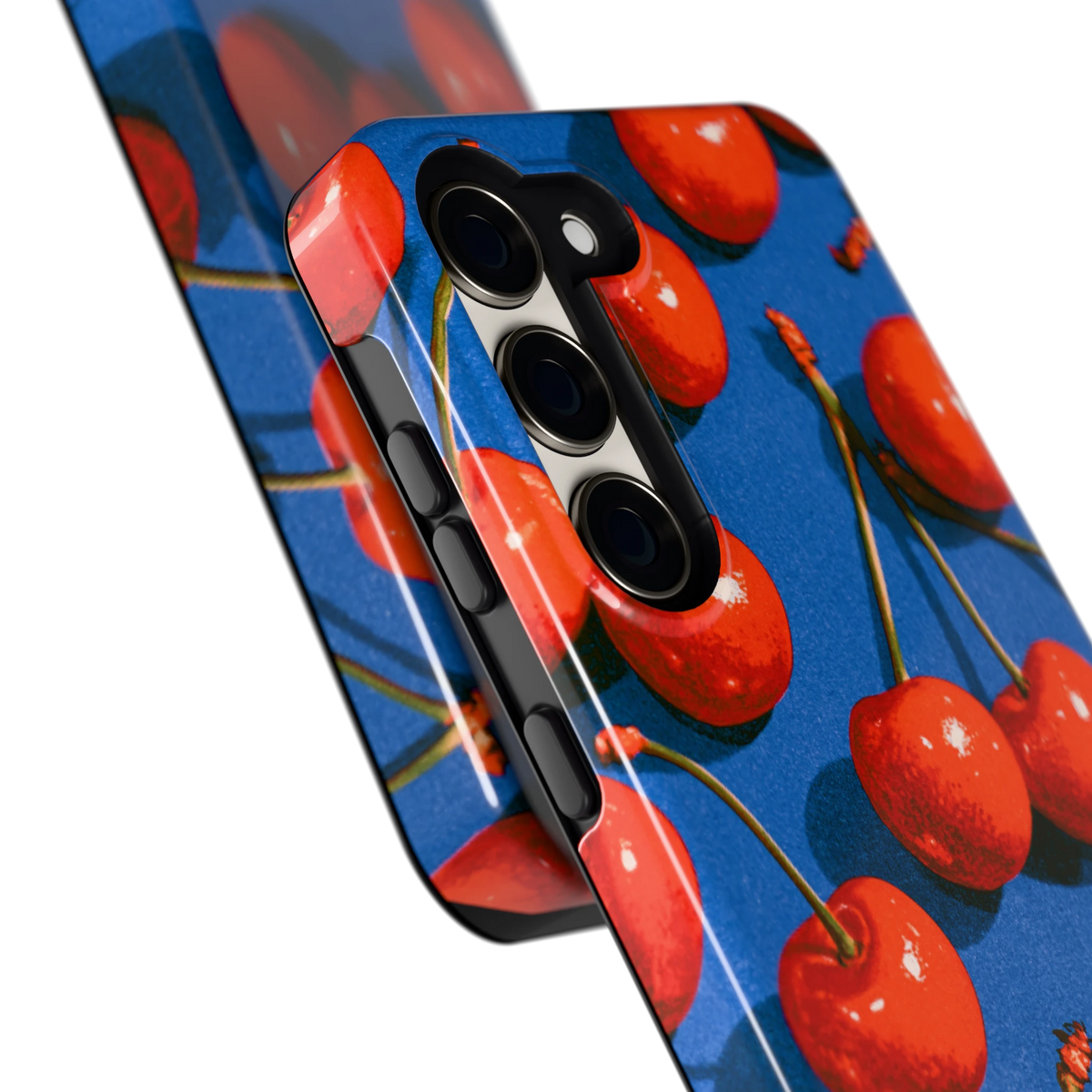Kersen op Blauw hoesje voor Galaxy S23, close-up