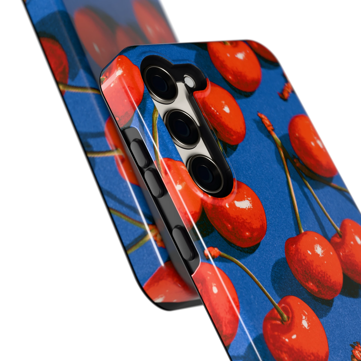 Kersen op Blauw hoesje voor Galaxy S23+, close-up