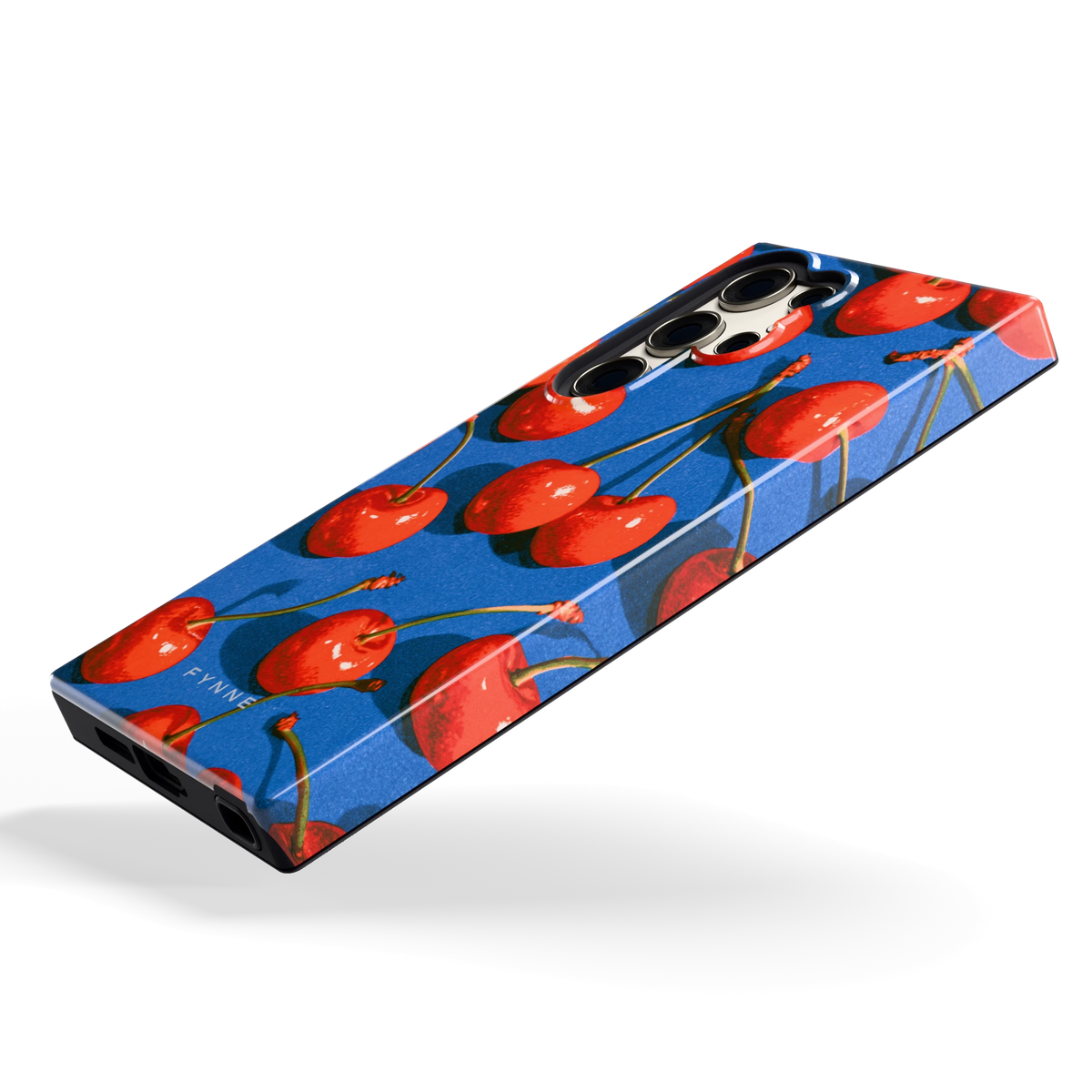 Kersen op Blauw hoesje voor Galaxy S23 Ultra, schuin