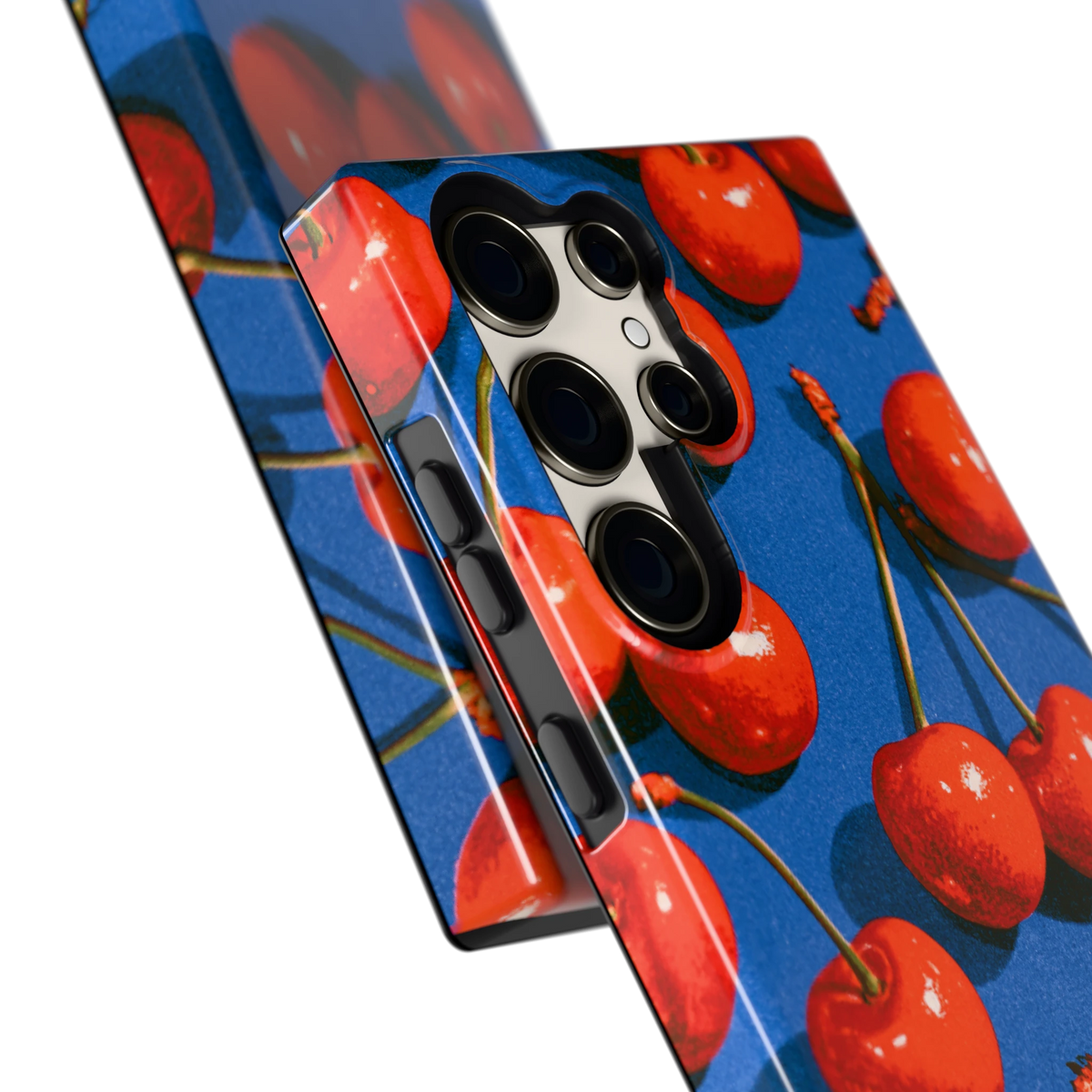 Kersen op Blauw hoesje voor Galaxy S23 Ultra, close-up