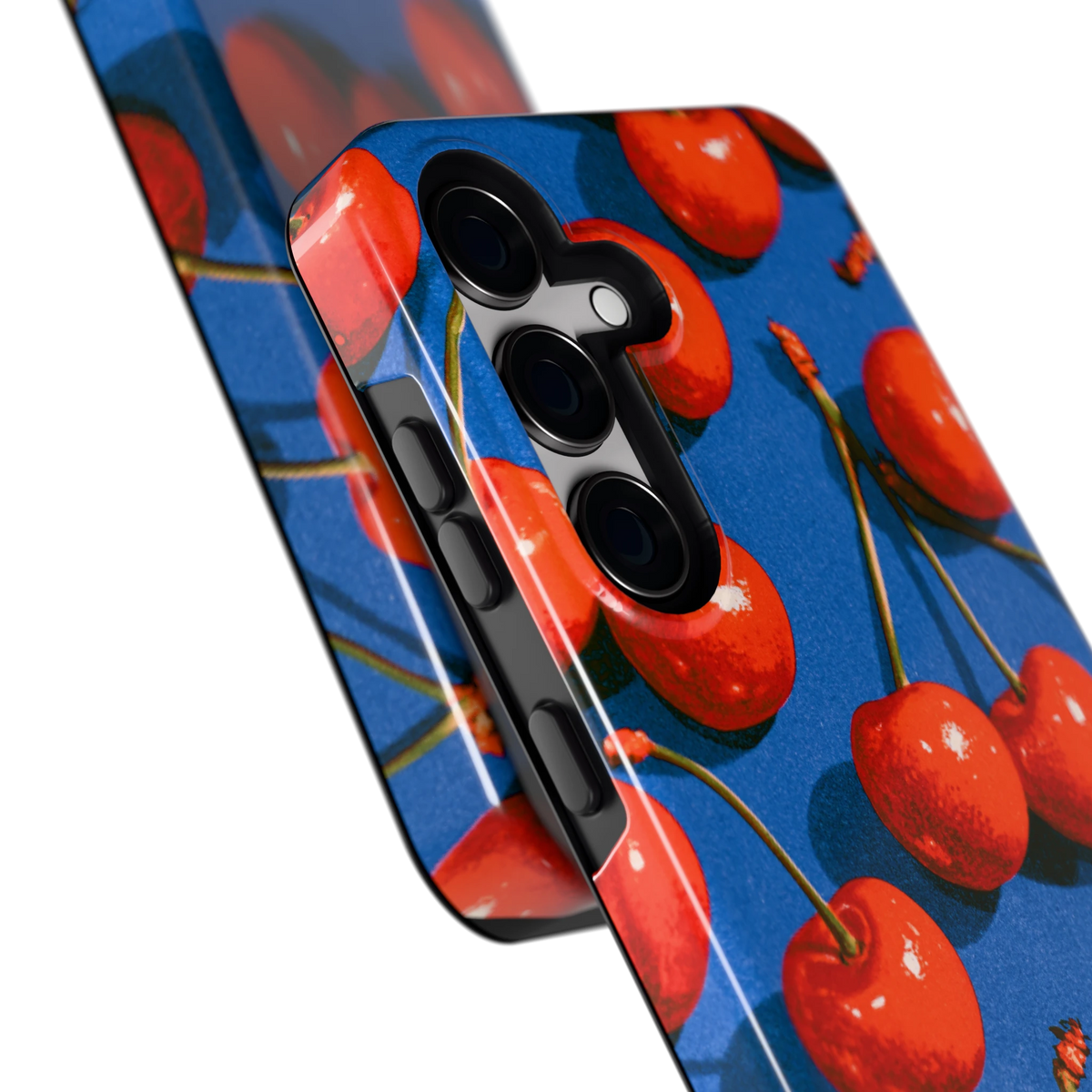 Kersen op Blauw hoesje voor Galaxy S24, close-up