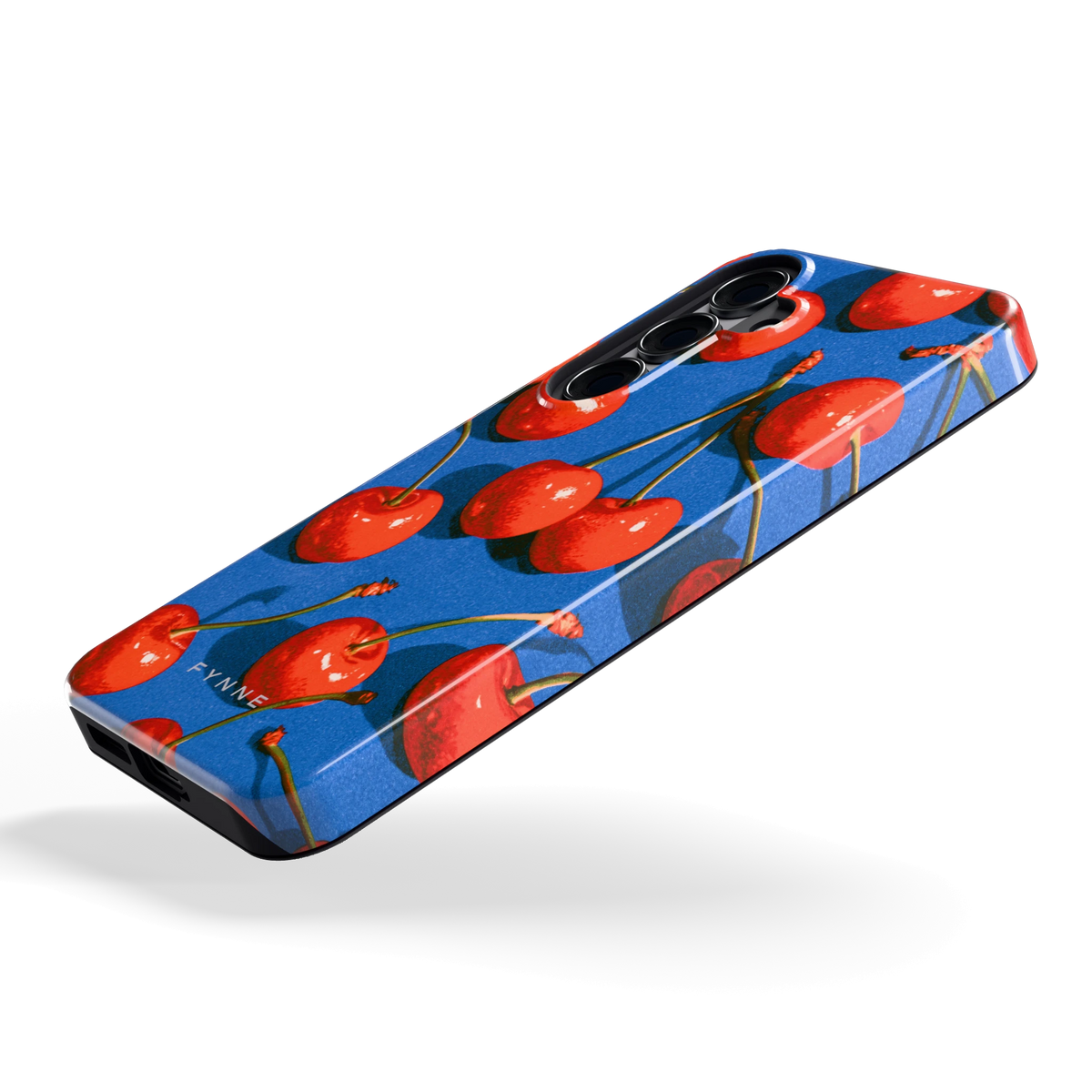 Kersen op Blauw hoesje voor Galaxy S25, schuin