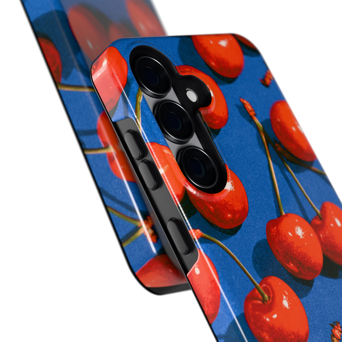 Kersen op Blauw hoesje voor Galaxy S25, close-up