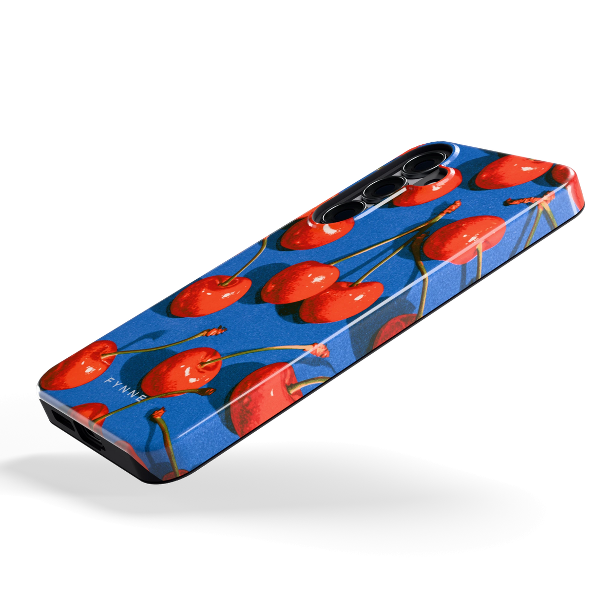 Kersen op Blauw hoesje voor Galaxy S25+, schuin
