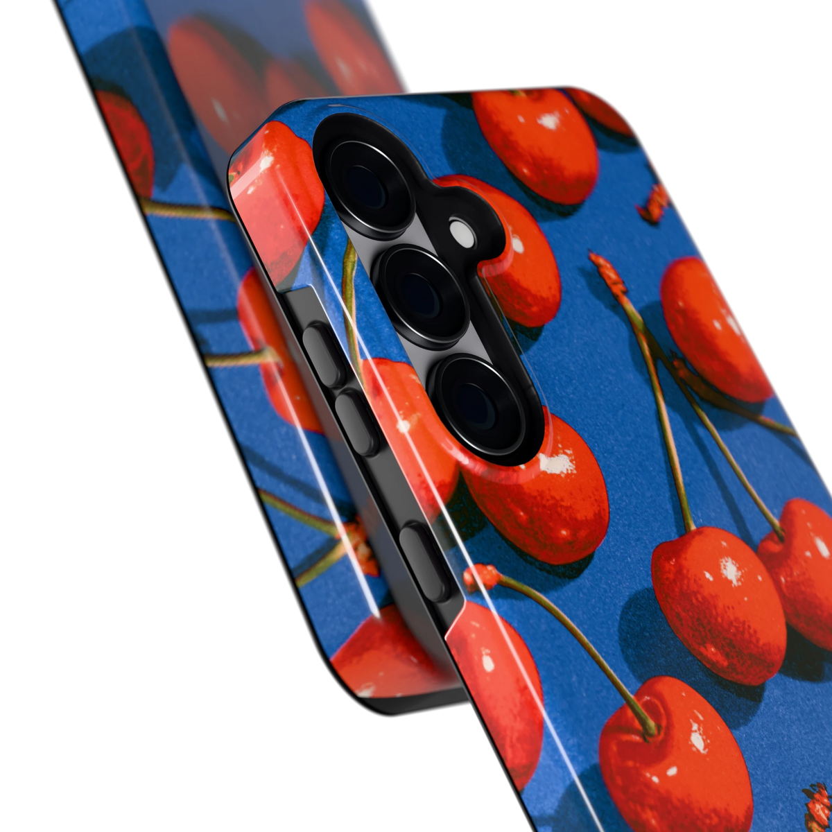 Kersen op Blauw hoesje voor Galaxy S25+, close-up