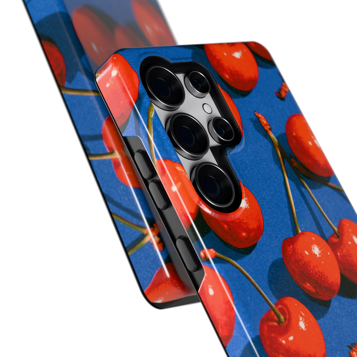 Kersen op Blauw hoesje voor Galaxy S25 Ultra, close-up