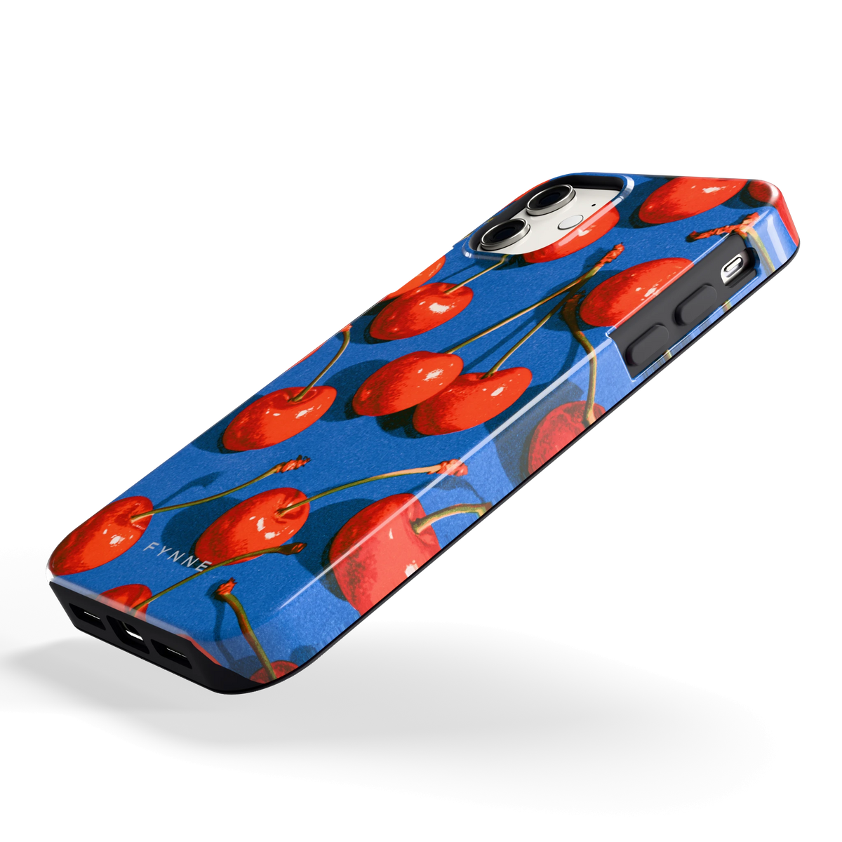 Kersen op Blauw hoesje voor iPhone 11, schuin