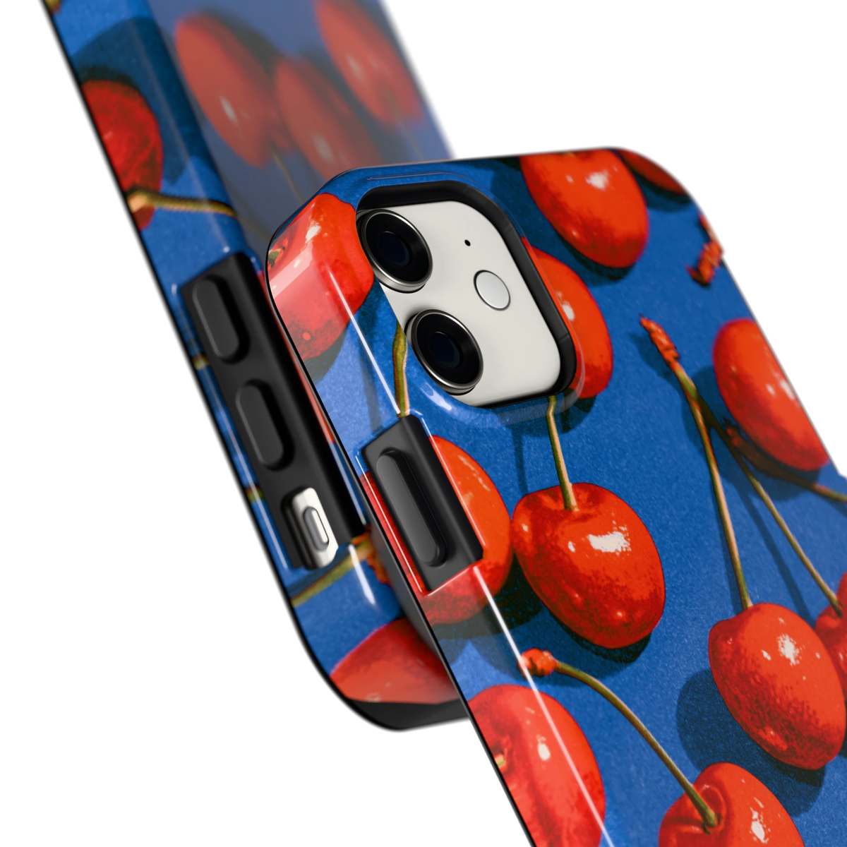 Kersen op Blauw hoesje voor iPhone 11, close-up