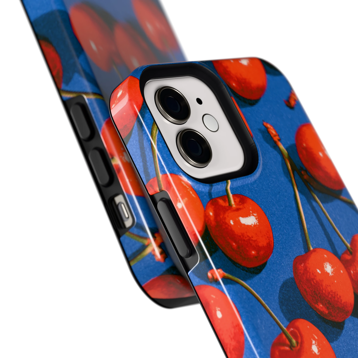 Kersen op Blauw hoesje voor iPhone 12, close-up