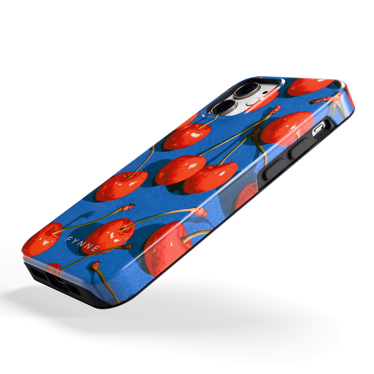 Kersen op Blauw hoesje voor iPhone 12 mini, schuin