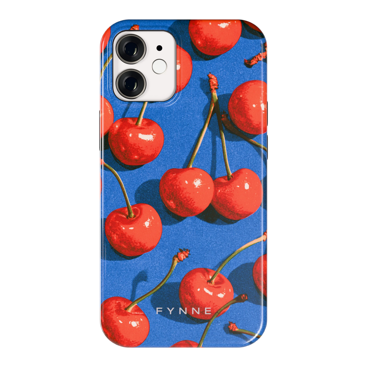 Kersen op Blauw hoesje voor iPhone 12 mini, achterkant