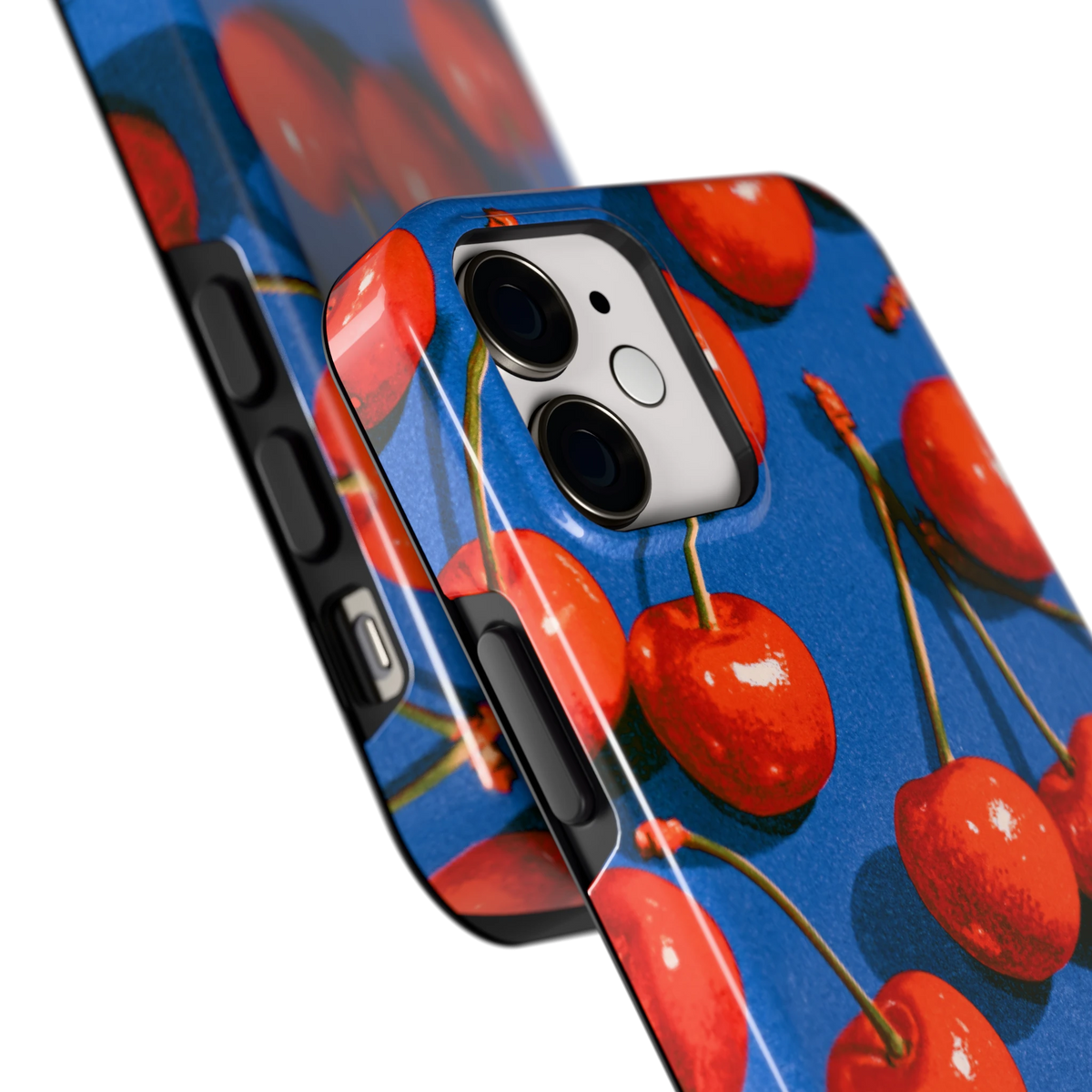 Kersen op Blauw hoesje voor iPhone 12 mini, close-up