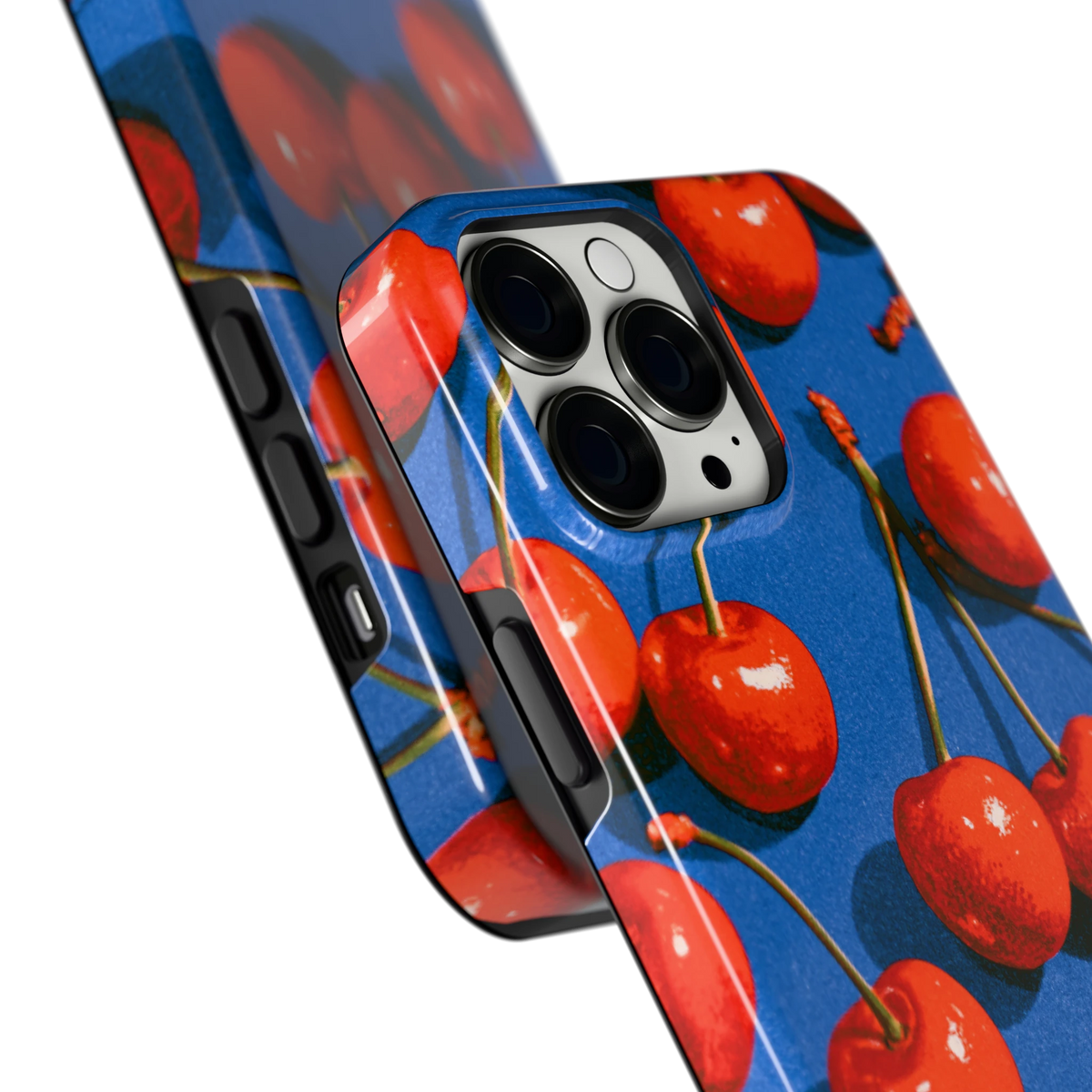Kersen op Blauw hoesje voor iPhone 13 Pro Max, close-up